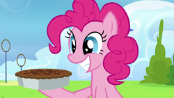 Size: 1920x1080 | Tagged: safe, screencap, pinkie pie, earth pony, pony, g4, secrets and pies, cute, excited, female, food, mare, pecan pie, pie, smiling, solo, wonderbolts headquarters