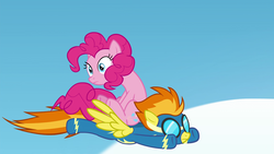 Size: 1920x1080 | Tagged: safe, screencap, pinkie pie, spitfire, g4, secrets and pies, clothes, flying, pinkie pie riding spitfire, ponies riding ponies, riding, uniform, wonderbolts uniform