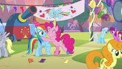 Size: 1920x1080 | Tagged: safe, screencap, berry punch, berryshine, carrot top, derpy hooves, golden harvest, linky, pinkie pie, rainbow dash, shoeshine, g4, secrets and pies, birthaversary, hug, partillery