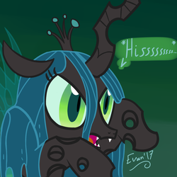 Size: 1500x1500 | Tagged: safe, artist:evan555alpha, derpibooru exclusive, queen chrysalis, changeling, changeling queen, g4, avatar, cute, cutealis, descriptive noise, female, gradient background, hissing, onomatopoeia, oooooh, signature, solo