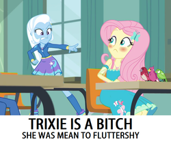 Size: 672x559 | Tagged: safe, edit, edited screencap, screencap, fluttershy, trixie, a little birdie told me, equestria girls, equestria girls series, g4, female, geode of fauna, image macro, magical geodes, meme, op is a duck
