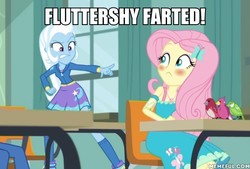Size: 600x405 | Tagged: safe, edit, edited screencap, screencap, fluttershy, trixie, a little birdie told me, equestria girls, g4, my little pony equestria girls: better together, blushing, image macro, implied farting, meme, memeful.com
