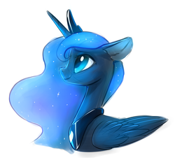 Size: 1834x1682 | Tagged: safe, artist:vistamage, princess luna, alicorn, pony, g4, bust, colored sketch, crown, cute, female, floppy ears, folded wings, jewelry, looking up, lunabetes, mare, portrait, profile, regalia, simple background, smiling, solo, white background, wings