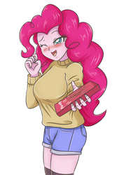 Size: 2893x4092 | Tagged: safe, artist:sumin6301, pinkie pie, equestria girls, g4, blushing, clothes, food, happy, offering, pocky, shorts, simple background, smiling, sweater, white background