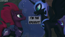 Size: 3840x2160 | Tagged: safe, artist:goatcanon, nightmare moon, tempest shadow, alicorn, pony, unicorn, g4, my little pony: the movie, 3d, armor, broken horn, castle of the royal pony sisters, dialogue, edgy, high res, horn, luna vs tempest, rivalry, source filmmaker