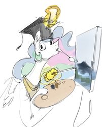 Size: 859x1071 | Tagged: safe, artist:alumx, princess celestia, alicorn, pony, g4, canvas, colored sketch, female, glowing horn, graduation cap, hat, horn, magic, mare, painting, simple background, solo