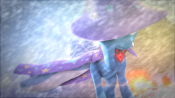 Size: 3840x2160 | Tagged: safe, artist:invisorfaa, trixie, g4, 3d, alicorn amulet, cape, clothes, covering eyes, female, hat, high res, poster, solo, source filmmaker, trixie's cape, trixie's hat