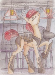 Size: 715x977 | Tagged: safe, artist:daisymane, oc, oc only, pony, unicorn, airship, armor, female, looking at you, mare, raised hoof, solo, traditional art, zeppelin