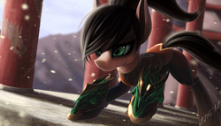 Size: 1944x1111 | Tagged: safe, artist:zigword, pony, armor, clothes, crossover, face tattoo, female, league of legends, pillar, ponified, ponytail, smiling, solo, tattoo