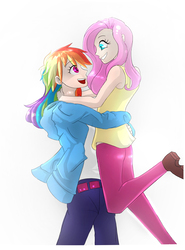 Size: 1400x1890 | Tagged: safe, artist:jaeneth, fluttershy, rainbow dash, human, g4, clothes, female, humanized, lesbian, lifted up, lifting, ship:flutterdash, shipping