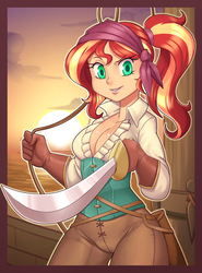 Size: 2597x3507 | Tagged: safe, artist:nauth, sunset shimmer, human, g4, alternate hairstyle, bandana, boat, breasts, busty sunset shimmer, cleavage, clothes, colored pupils, costume, cutlass, featured image, female, gloves, halloween, high res, holiday, humanized, nauthmaresnight, ocean, pirate, pirate sunset, raised eyebrow, scimitar, sexy, shimmer me timbers, ship, smiling, smirk, solo, sunset, sword, weapon