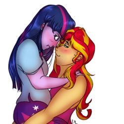 Size: 700x700 | Tagged: safe, artist:anxiousshadowpetals, sunset shimmer, twilight sparkle, equestria girls, g4, blushing, blushing profusely, boop, cute, female, holding, lesbian, looking at each other, noseboop, ship:sunsetsparkle, shipping, simple background, transparent background, twiabetes