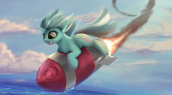 Size: 2229x1239 | Tagged: dead source, safe, artist:noctilucent-arts, lyra heartstrings, pony, unicorn, g4, female, flying, ocean, riding a bomb, rocket, sky, smiling, solo, windswept mane