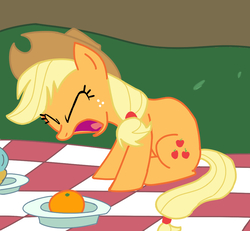 Size: 1050x970 | Tagged: safe, artist:whiskeypanda, derpibooru exclusive, edit, edited screencap, screencap, applejack, earth pony, pony, g4, donut, female, food, mare, open mouth, orange, picnic, picnic blanket, plate, solo, yelling, yelling at food
