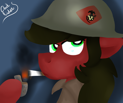 Size: 3000x2500 | Tagged: safe, artist:euspuche, oc, oc only, oc:cloud rider, angry, british army, cigarette, dressing, fire, helmet, high res, simple background, smoke, smoking, soldier, war, world war ii, zippo