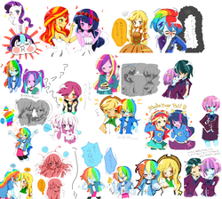 Size: 2625x2350 | Tagged: dead source, safe, artist:lotte, applejack, aria blaze, dean cadance, indigo zap, princess cadance, rainbow dash, rarity, scootaloo, sunny flare, sunset shimmer, twilight sparkle, pony, equestria girls, friendship games, friendship through the ages, alternate clothes, appledash, blood, blushing, blushing profusely, cake, clothes, compilation, cute, cutealoo, cutedance, dashabetes, eyes closed, female, floral head wreath, flower, flower in hair, food, heart, high res, japanese, lesbian, looking at each other, nosebleed, pocky, shimmerbetes, shipping, starry eyes, sunnyzap, sunsetsparkle, twiabetes, twidash, twilight sparkle (alicorn), wingding eyes