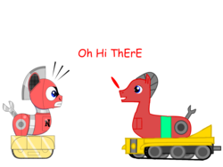 Size: 1500x1125 | Tagged: safe, artist:trackheadtherobopony, oc, oc only, oc:trackhead, pony, robot, robot pony, artstyle evolution, comic sans, duo, male, old vs new, shocked, simple background, transparent background