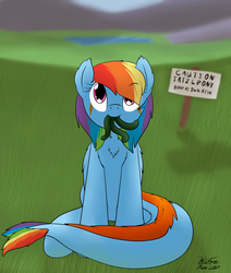 Size: 2190x2584 | Tagged: safe, artist:the-furry-railfan, rainbow dash, monster pony, original species, tatzlpony, g4, cute, grass field, high res, imminent vore, lake, looking at you, looking up, mountain, mountain range, sign, sitting, tatzldash, tentacles, this will end in hugs, valley