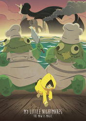 Size: 1060x1500 | Tagged: dead source, safe, artist:robbiecave, frog, pony, butt, chef, clothes, covering eyes, crossover, little nightmares, meat cleaver, plot, ponified, raincoat, six (little nightmares), the lady (little nightmares), underhoof