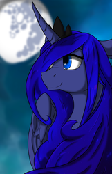 Size: 3850x5950 | Tagged: safe, artist:lula-moonarts, princess luna, alicorn, pony, g4, bust, female, floppy ears, full moon, looking away, mare, moon, portrait, smiling, solo, wings