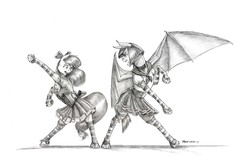 Size: 1600x1022 | Tagged: safe, artist:baron engel, apple bloom, oc, bat pony, earth pony, pony, g4, bat pony oc, clothes, dancing, female, grayscale, mare, monochrome, pencil drawing, simple background, sketch, smiling, socks, striped socks, traditional art, white background