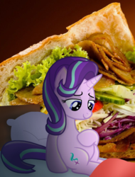 Size: 1143x1503 | Tagged: safe, artist:justsomepainter11, edit, starlight glimmer, pony, g4, bed, belly, female, food baby, funny, happy, kebab, lassana quand il mange un grec il fait ca, pregnant, show accurate, simple background, smiling, solo