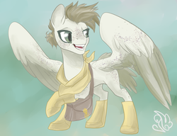 Size: 1300x1000 | Tagged: safe, artist:candasaurus, oc, oc only, oc:joshua, pegasus, pony, bag, boots, clothes, scarf, shoes, solo, spread wings, wings