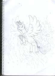 Size: 1275x1754 | Tagged: safe, artist:jesterofdestiny, princess cadance, spike, alicorn, dragon, elemental, golem, pony, g4, baby, black and white, escape, fire, flying, grayscale, monochrome, monster, traditional art, wings