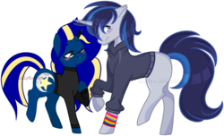 Size: 1024x624 | Tagged: safe, artist:lilygarent, oc, oc only, oc:jayce, oc:midnight star, pony, unicorn, blushing, clothes, female, male, mare, simple background, stallion, sweater, transparent background