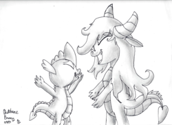 Size: 2324x1700 | Tagged: safe, artist:chiptunebrony, mina, spike, dragon, g4, black and white, cursive writing, cute, date, female, grayscale, happy, implied hugging, inked, male, minabetes, monochrome, open arms, open mouth, shading, shipping, signature, smiling, spikabetes, spina, straight, traditional art