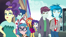 Size: 1366x768 | Tagged: safe, screencap, curly winds, purple frizz, rarity, some blue guy, sunset shimmer, technicolor waves, thunderbass, track starr, display of affection, equestria girls, equestria girls series, g4, background human, canterlot city, female, geode of empathy, magical geodes, male
