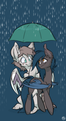 Size: 1314x2394 | Tagged: safe, artist:kez, oc, oc only, oc:nuke, oc:speck, bat pony, pegasus, pony, duo, female, husband and wife, male, married couple, married couples doing married things, rain, speke, umbrella