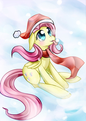 Size: 826x1168 | Tagged: safe, artist:roshichen, fluttershy, pegasus, pony, g4, catching snowflakes, christmas, clothes, cute, female, floppy ears, folded wings, hat, holiday, looking up, mare, outdoors, santa hat, scarf, shyabetes, sitting, snow, snowfall, snowflake, solo, tongue out, wings, winter, winter outfit