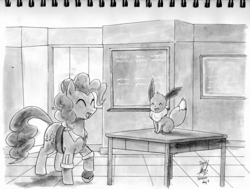 Size: 2134x1612 | Tagged: safe, artist:digiral, pinkie pie, earth pony, eevee, pony, series:pinkie pie's adventure, g4, clothes, crossover, eyes closed, female, inktober, mare, monochrome, open mouth, poké ball, pokémon, smiling, table, traditional art
