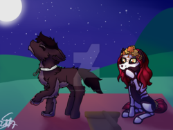 Size: 1024x768 | Tagged: safe, artist:saturnstar14, artist:spokenmind93, oc, oc only, wolf pony, bone, clothes, commission, costume, full moon, howling, moon, new style, night, skeleton, skeleton costume, watermark