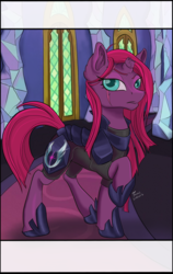 Size: 1243x1963 | Tagged: safe, artist:firimil, tempest shadow, pony, fanfic:the princess's captain, g4, my little pony: the movie, alternate hairstyle, armor, broken horn, eye scar, fanfic, fanfic art, fanfic cover, female, horn, mare, open mouth, raised hoof, royal guard, scar, solo, tempest becomes a royal guard, twilight's castle