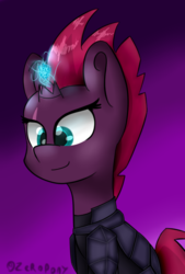 Size: 459x678 | Tagged: safe, artist:gamerzero158, tempest shadow, pony, unicorn, g4, my little pony: the movie, armor, broken horn, bust, female, gradient background, horn, magic, portrait, purple background, simple background, smiling, solo, sparking horn