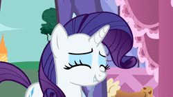 Size: 854x480 | Tagged: safe, screencap, rarity, spike, twilight sparkle, dragon, pony, unicorn, g4, green isn't your color, animated, blinking, cute, excited, eyes closed, female, happy, lidded eyes, male, mare, ouch, pain, pronking, raribetes, smiling, sound, unicorn twilight, webm