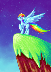 Size: 1200x1698 | Tagged: safe, artist:awkwardlyanonymous, rainbow dash, pegasus, pony, g4, cliff, female, floppy ears, looking away, looking up, night, raised hoof, solo, spread wings, starry night, wings