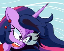 Size: 999x799 | Tagged: safe, artist:jake heritagu, twilight sparkle, pony, comic:ask motherly scootaloo, equestria girls, g4, ear piercing, earring, female, jewelry, midnight sparkle, piercing, solo
