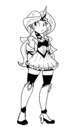 Size: 513x851 | Tagged: dead source, safe, artist:reiduran, sunset shimmer, human, equestria girls, g4, black and white, clothes, female, grayscale, high heels, horn, horned humanization, humanized, magical girl, magical sunset-chan, miniskirt, monochrome, ms paint adventures, shoes, skirt, socks, solo, thigh highs, thigh socks