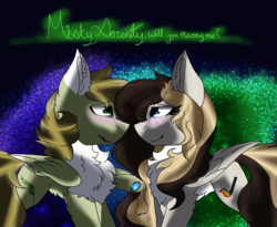 Size: 2560x2101 | Tagged: safe, artist:brokensilence, oc, oc only, oc:auctor, oc:misty serenity, pegasus, pony, blushing, couple, crying, high res, jewelry, marriage proposal, mistor, necklace, shipping, tears of joy