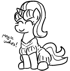 Size: 475x480 | Tagged: safe, artist:jargon scott, starlight glimmer, pony, unicorn, g4, black and white, clothes, dialogue, eyes closed, female, grayscale, mare, monochrome, mormons, simple background, sitting, smiling, solo, underwear, white background