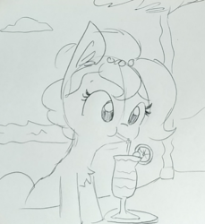 Size: 703x766 | Tagged: safe, artist:tjpones, oc, oc only, oc:brownie bun, earth pony, pony, horse wife, beach, bendy straw, bipedal, bipedal leaning, chest fluff, cocktail, drink, drinking, drinking straw, ear fluff, female, grayscale, leaning, lineart, mare, monochrome, ocean, solo, traditional art