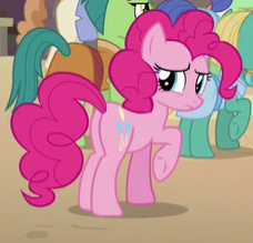 Size: 228x219 | Tagged: safe, screencap, husani, iahjmehet, nile faras, pinkie pie, earth pony, pony, daring done?, g4, butt, cropped, female, looking back, mare, plot, raised hoof, solo focus, somnambula resident, underhoof