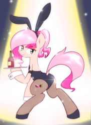 Size: 2157x2984 | Tagged: safe, artist:akainu_pony, oc, oc only, oc:cheers, pony, alcohol, bottle, bunny ears, bunny suit, butt, clothes, cufflinks, cuffs (clothes), female, fishnet stockings, glass, high res, looking at you, looking back, looking back at you, mare, plot, smiling, solo, tray, waitress, wine bottle, wine glass