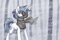 Size: 2245x1488 | Tagged: safe, artist:koviry, shining armor, pony, unicorn, g4, blizzard, clothes, forest, goggles, male, scarf, snow, snow goggles, snowfall, solo, stallion, tree