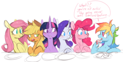Size: 1700x868 | Tagged: safe, artist:xenon, applejack, fluttershy, pinkie pie, rainbow dash, rarity, twilight sparkle, alicorn, earth pony, pegasus, pony, shrimp, unicorn, g4, chest fluff, cloven hooves, colored sketch, cowboy hat, curved horn, disgusted, eye clipping through hair, female, food, hat, hoof hold, horn, mane six, mare, no pupils, plate, ponies eating meat, ponies eating seafood, seafood, simple background, speech bubble, twilight sparkle (alicorn), unshorn fetlocks, varying degrees of want, white background