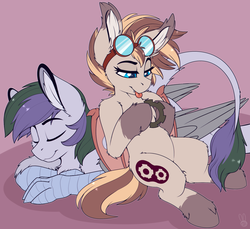 Size: 1916x1758 | Tagged: safe, artist:meggchan, derpibooru exclusive, oc, oc only, oc:cogwheel, oc:vintage collection, bat pony, hippogriff, pony, bat pony oc, claws, cute, female, fluffy, goggles, leonine tail, male, mare, sitting, sleeping, stallion, talons, tongue out