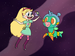 Size: 1440x1080 | Tagged: safe, artist:deaf-machbot, crossover, parry gripp, royal magic wand, smiling, song reference, space, space unicorn, star butterfly, star vs the forces of evil, wand
